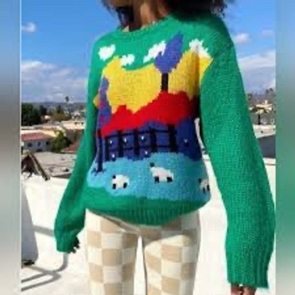 Lisa Says Gah Sweaters - Lisa Says Gah Green Landscape Sheep Intarsia Chunky Knit Sweater XS/S Viscose